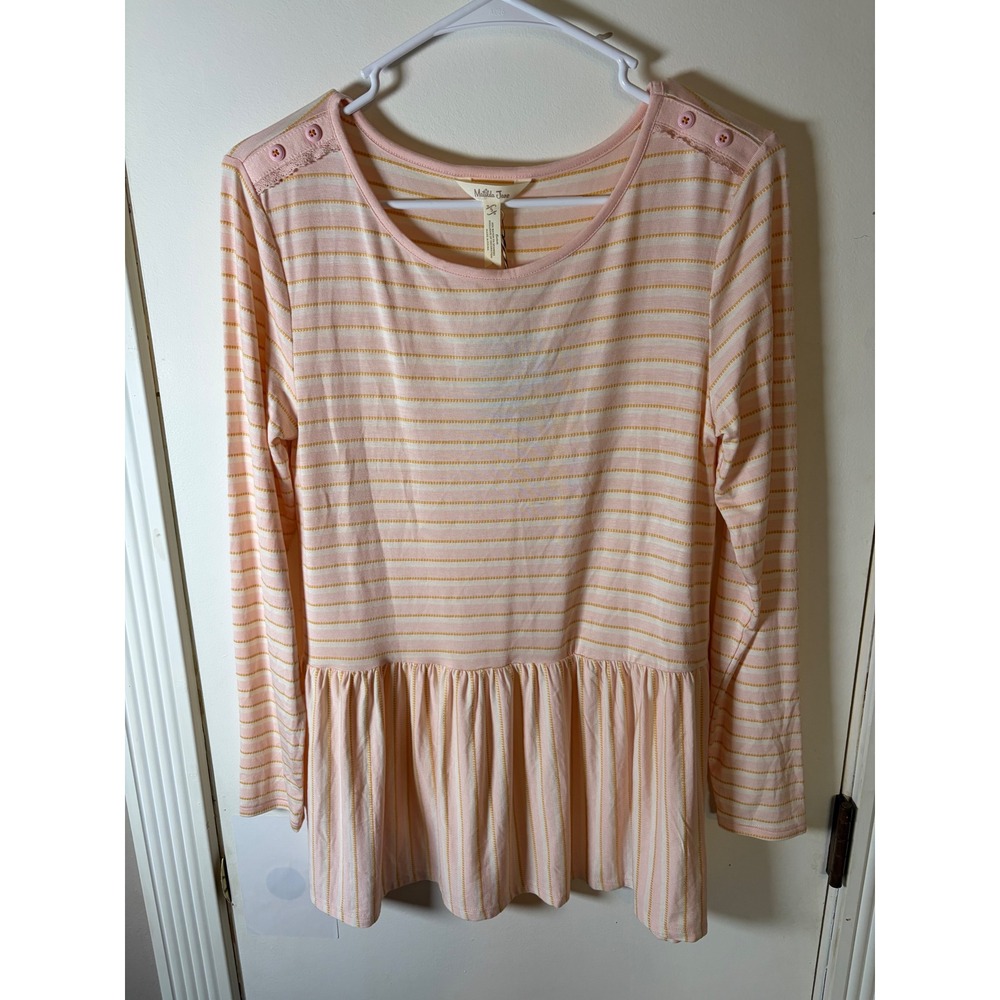 Matilda Jane Girls Pink Striped Peplum Long Sleeve Top Lace Shoulder Button S/J